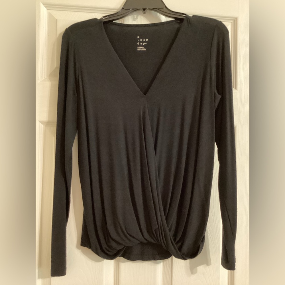Women's Black Wrap-Style, Long Sleeve Top